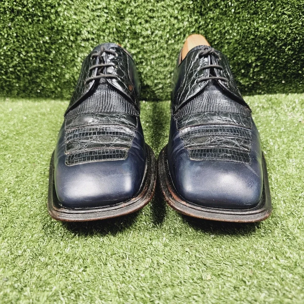 Mezlan Navy Blue Crocodile Leather Square Toe Oxford Dress Shoes Mens Size 9.5